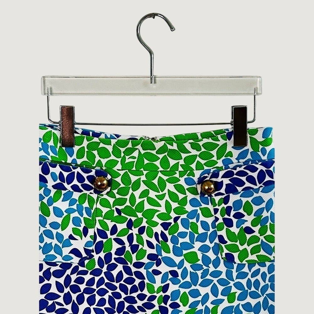 Melly M Womens Green Blue Leaf Print Mini Skirt Gold Button Size 2 Made in USA - Picture 4 of 7